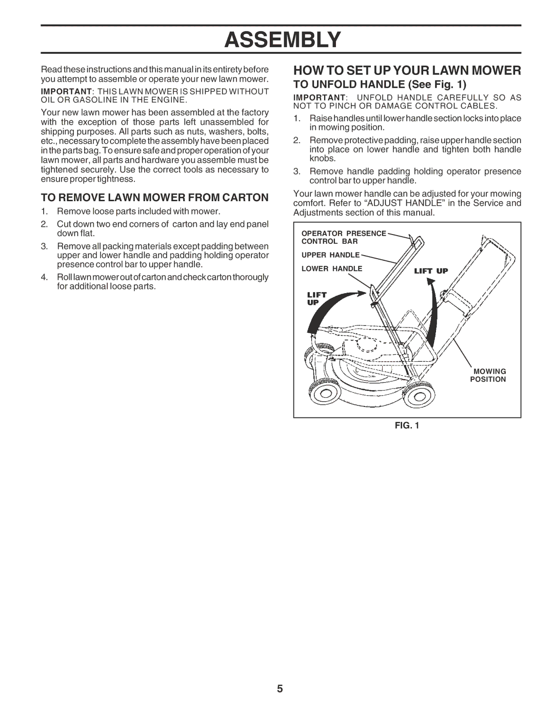 Husqvarna 6022SH Assembly, HOW to SET UP Your Lawn Mower, To Remove Lawn Mower from Carton, To Unfold Handle See Fig 