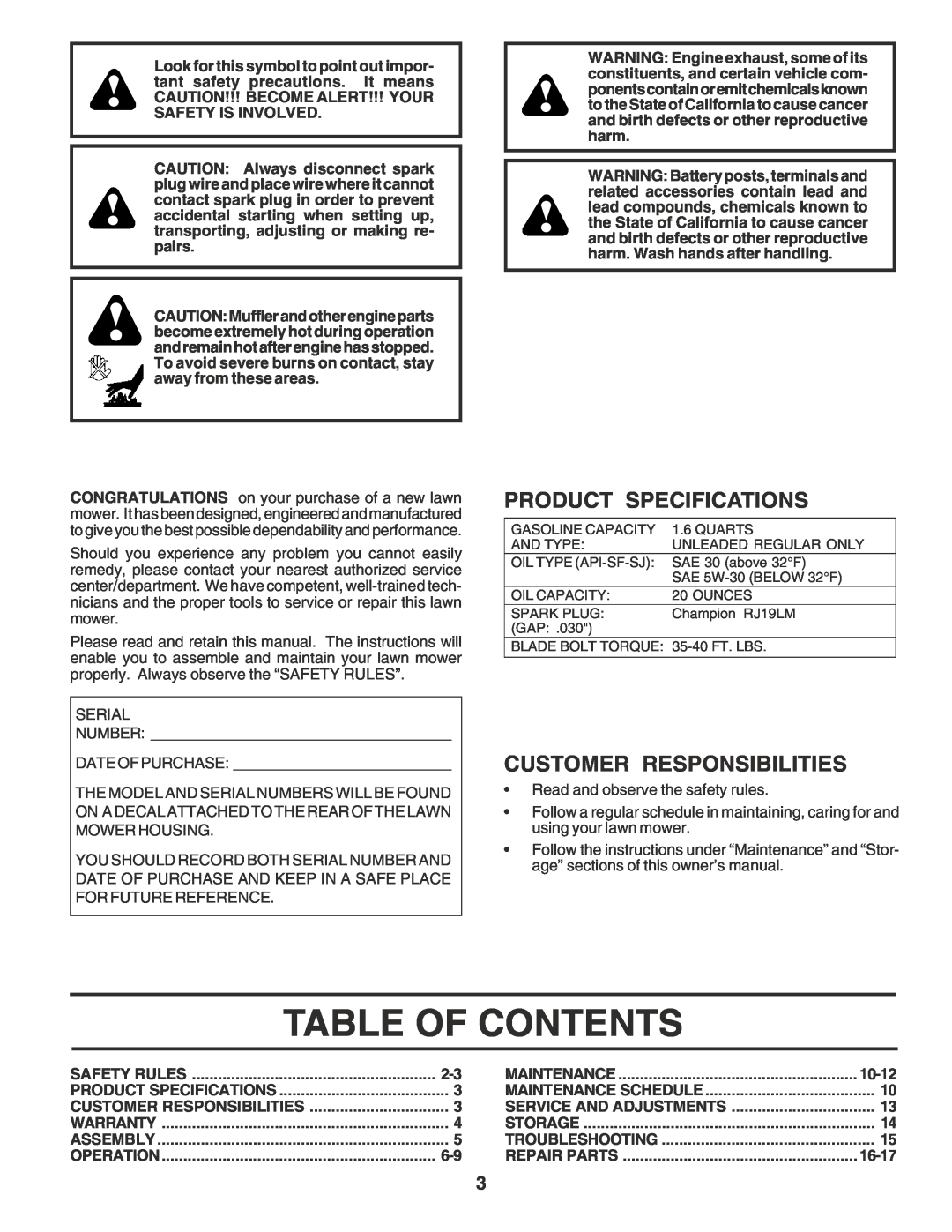 Husqvarna 6022SH owner manual Table Of Contents, Product Specifications, Customer Responsibilities 