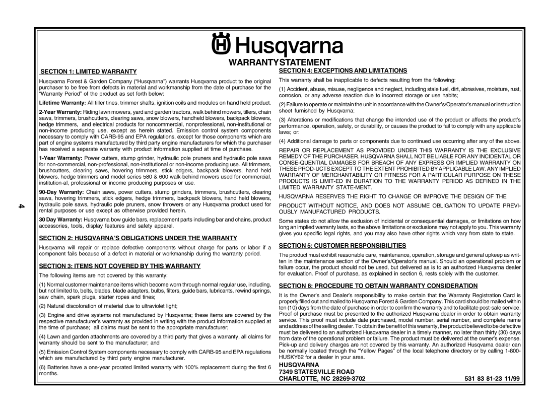 Husqvarna 6022SH owner manual Warrantystatement 