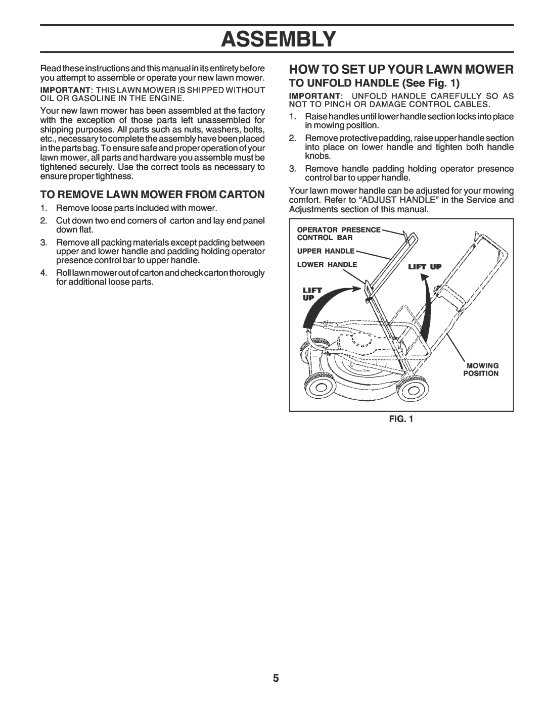 Husqvarna 6022SH Assembly, How To Set Up Your Lawn Mower, To Remove Lawn Mower From Carton, TO UNFOLD HANDLE See Fig 