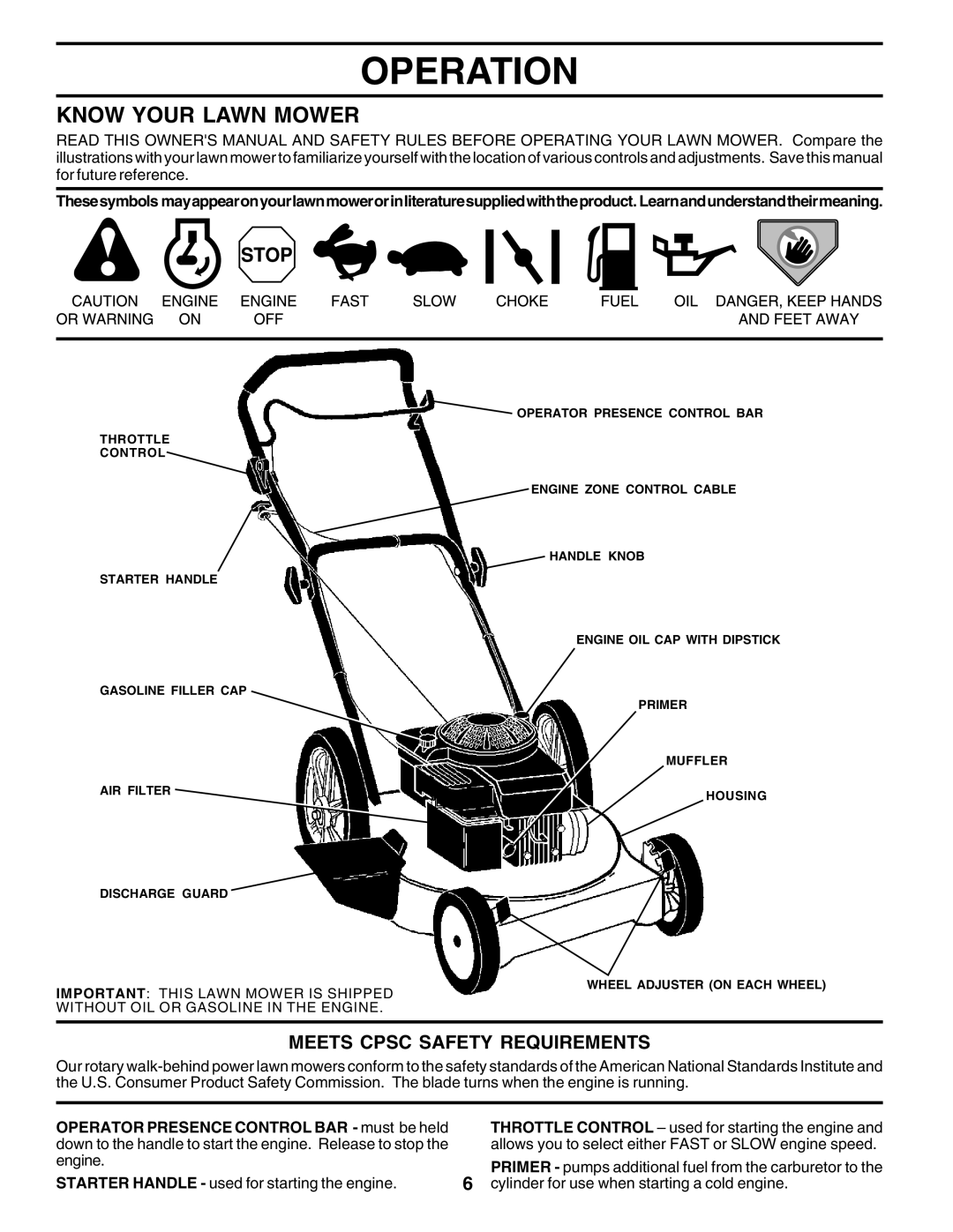 Husqvarna 6022SH owner manual Operation, Know Your Lawn Mower, Meets Cpsc Safety Requirements 