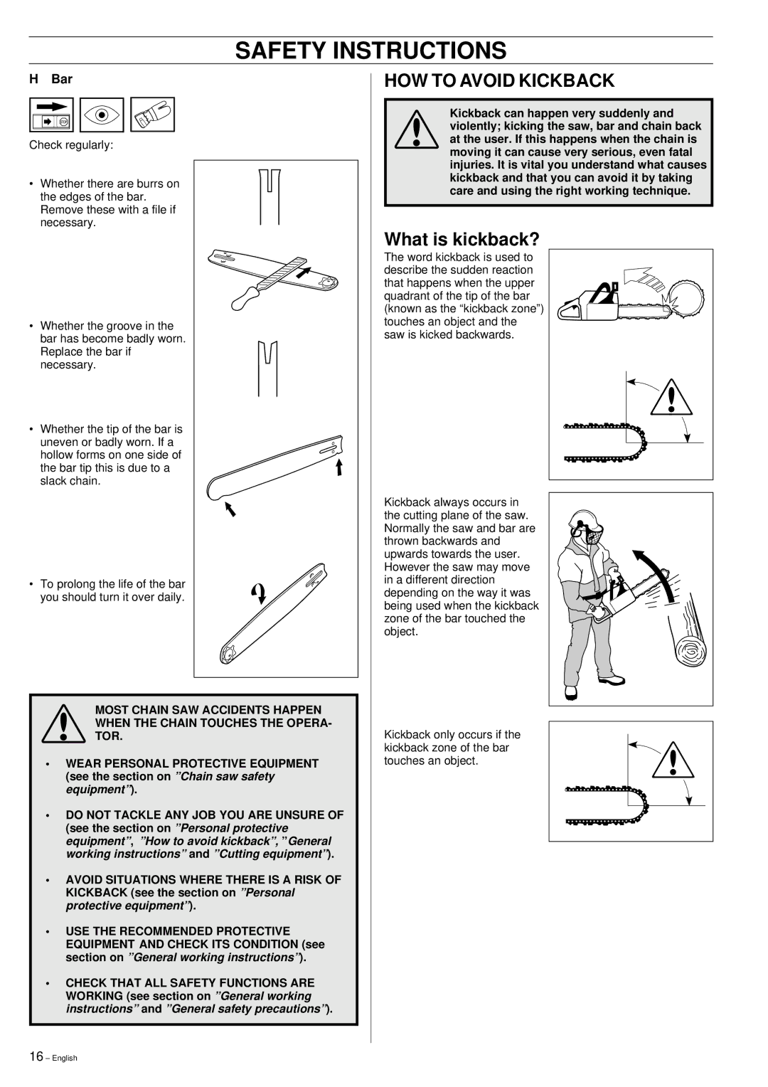 Husqvarna 61, 268, 272XP manual HOW to Avoid Kickback, What is kickback? 