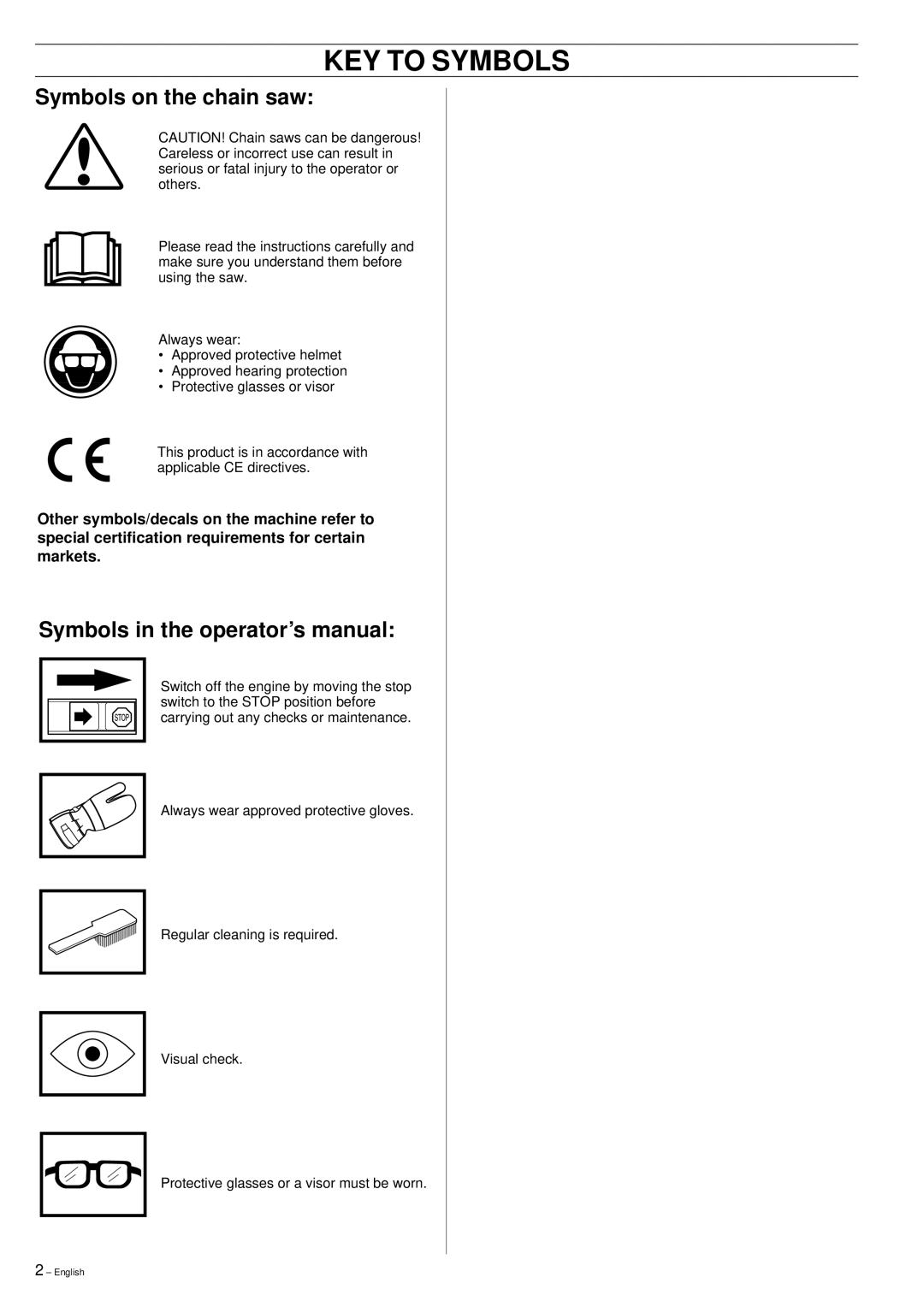 Husqvarna 61, 268, 272XP KEY to Symbols, Symbols on the chain saw, Symbols in the operator’s manual 