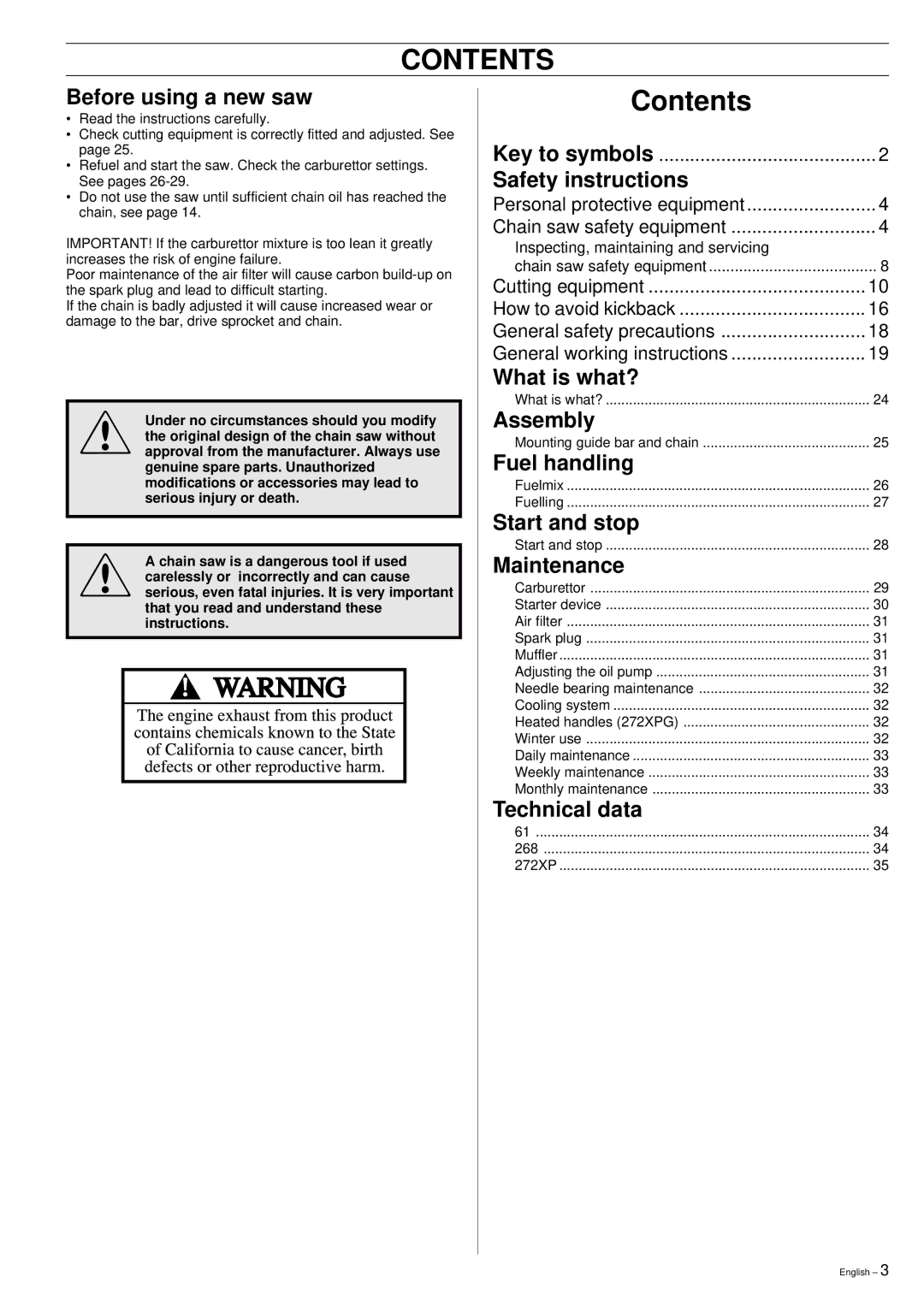 Husqvarna 61, 268, 272XP manual Contents 