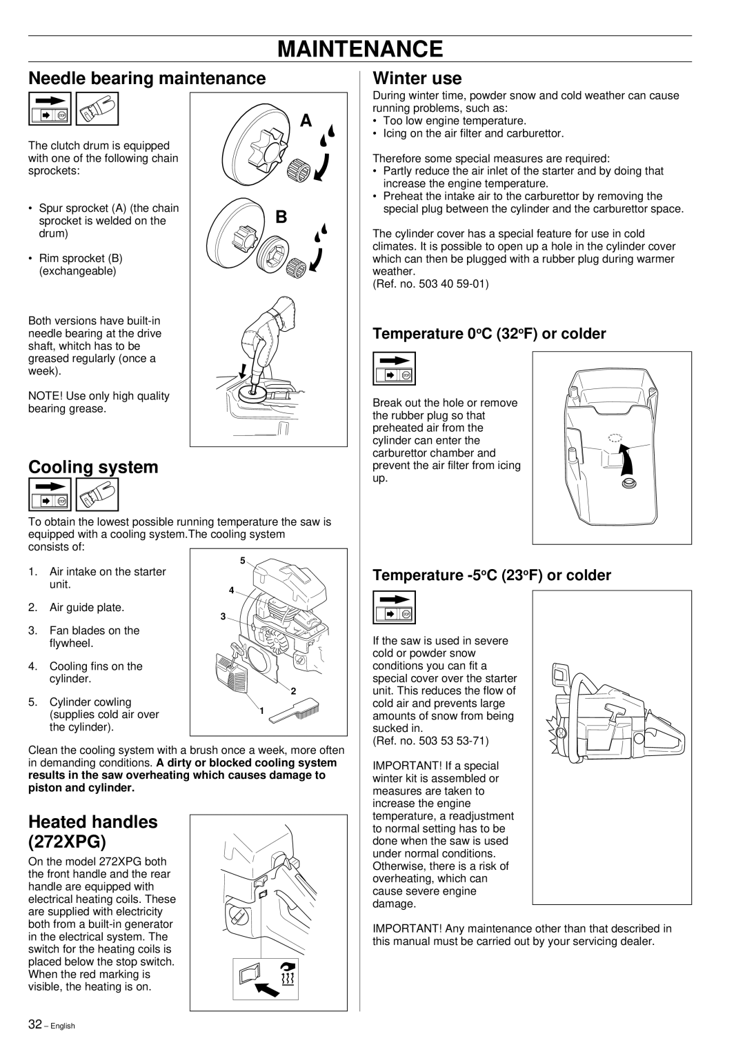 Husqvarna 61, 268, 272XP manual Needle bearing maintenance Winter use, Cooling system, Heated handles 272XPG 