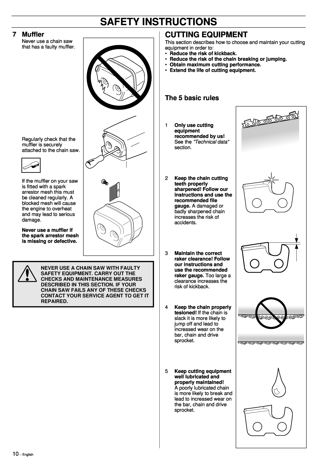 Husqvarna 61, 268, 272XP manual Cutting Equipment, The 5 basic rules, Safety Instructions, Muffler 