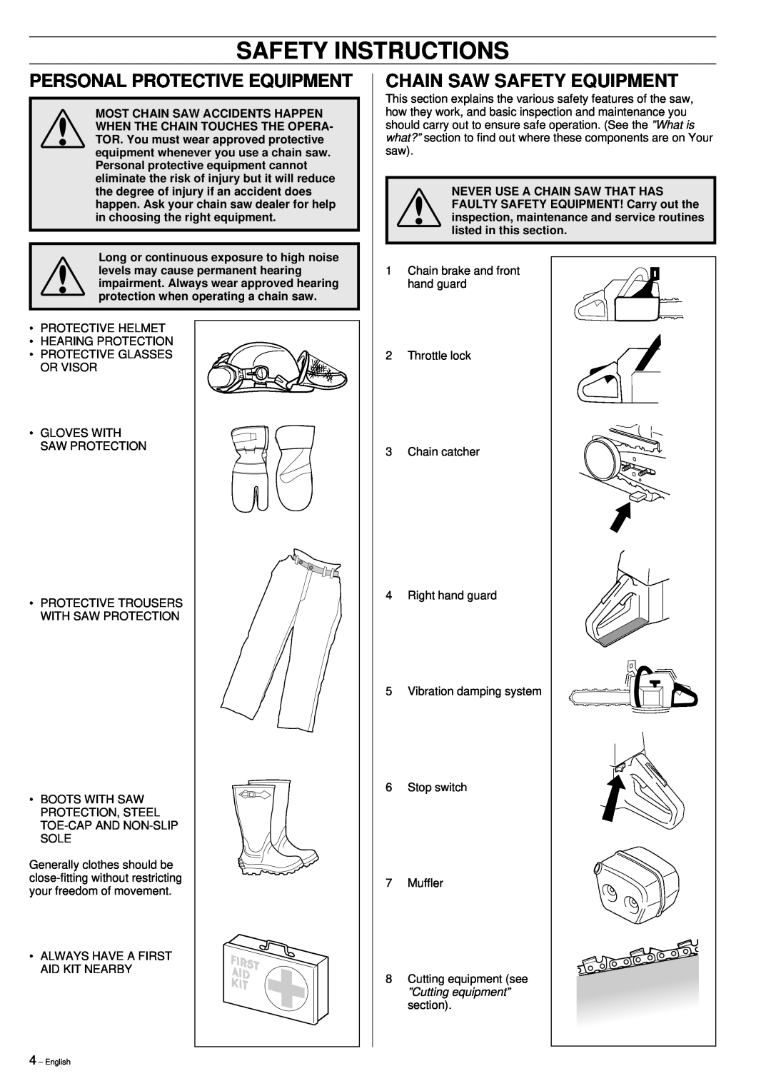 Husqvarna 61, 268, 272XP manual Safety Instructions, Personal Protective Equipment, Chain Saw Safety Equipment 