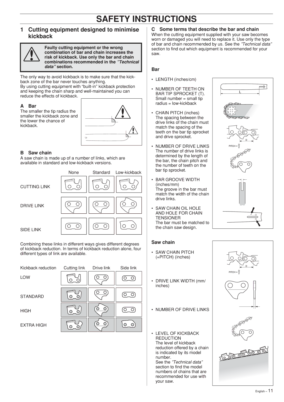 Husqvarna 61, 268 manual Cutting equipment designed to minimise kickback, Bar, Saw chain 