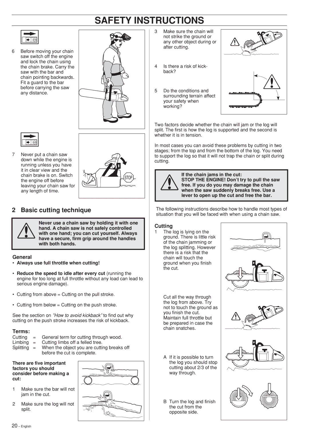 Husqvarna 61, 268 manual Basic cutting technique, General, Terms, Cutting 