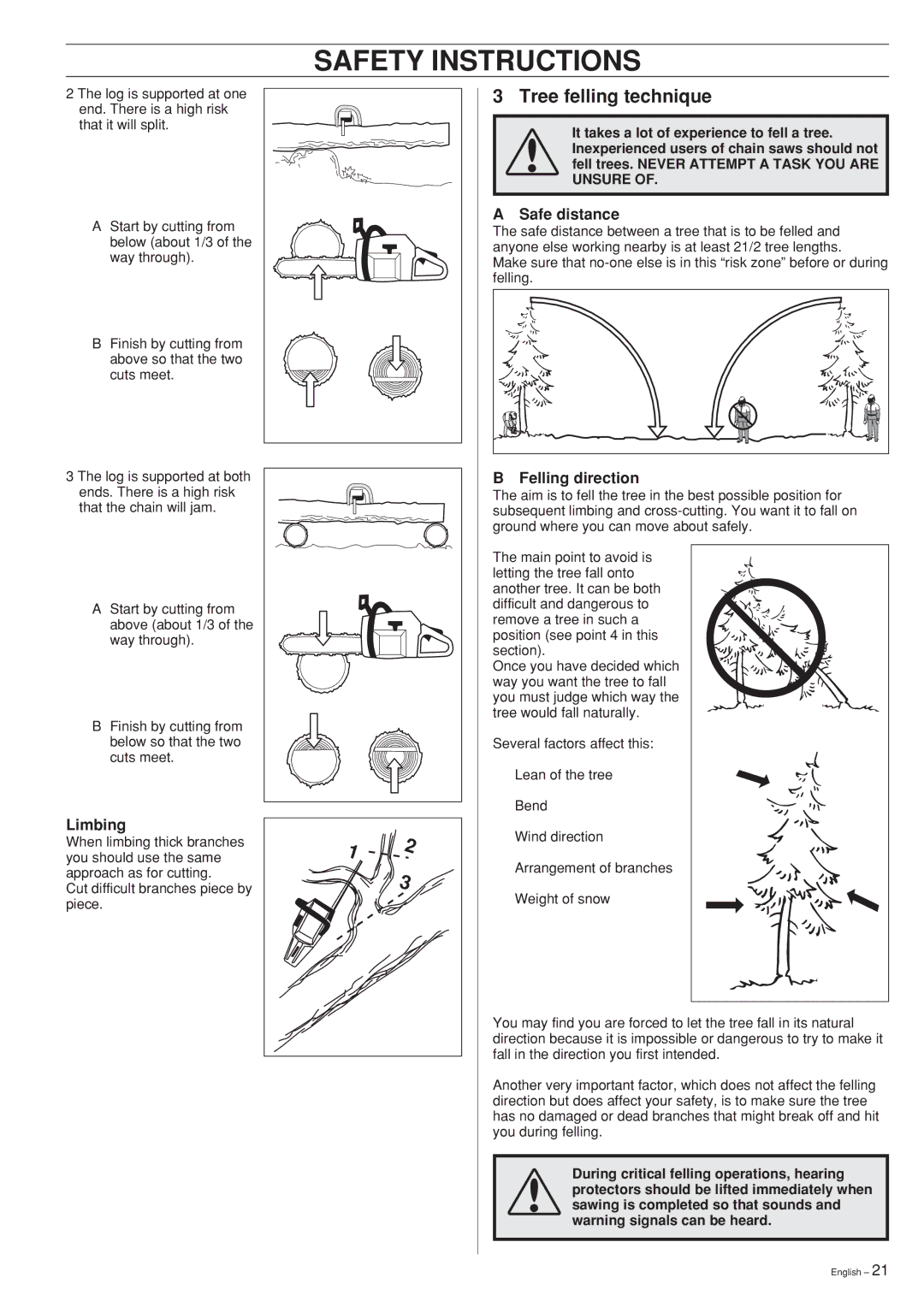 Husqvarna 61, 268 manual Tree felling technique, Safe distance, Limbing, Felling direction 