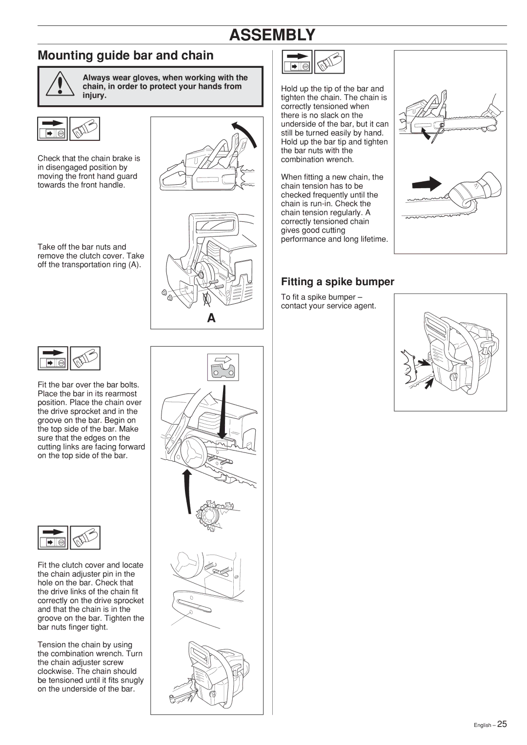 Husqvarna 61, 268 manual Assembly, Mounting guide bar and chain, Fitting a spike bumper 