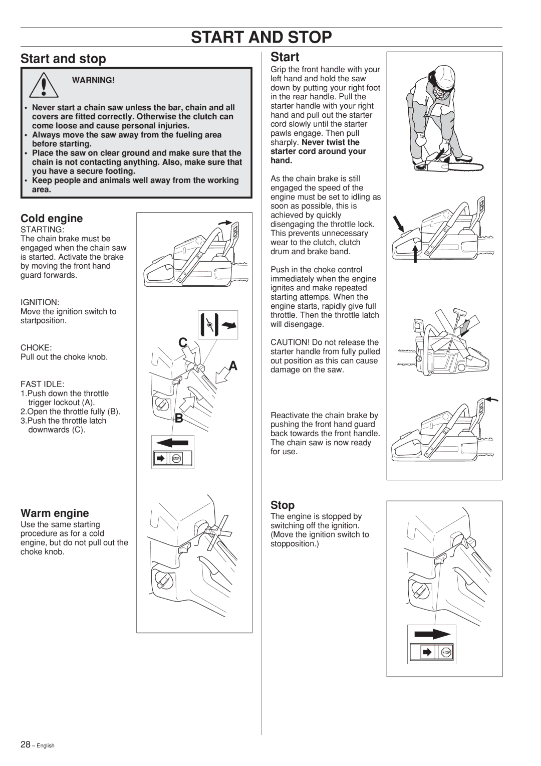 Husqvarna 61, 268 manual Start and Stop, Cold engine, Warm engine 