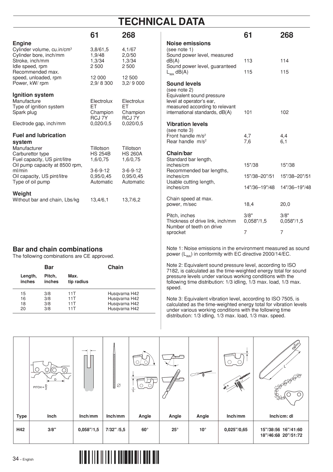 Husqvarna 61, 268 manual Technical Data, Bar and chain combinations 