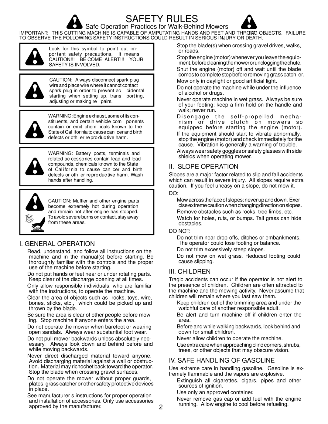 Husqvarna 532424695 Safe Operation Practices for Walk-Behind Mowers, II. Slope Operation, General Operation, III. Children 