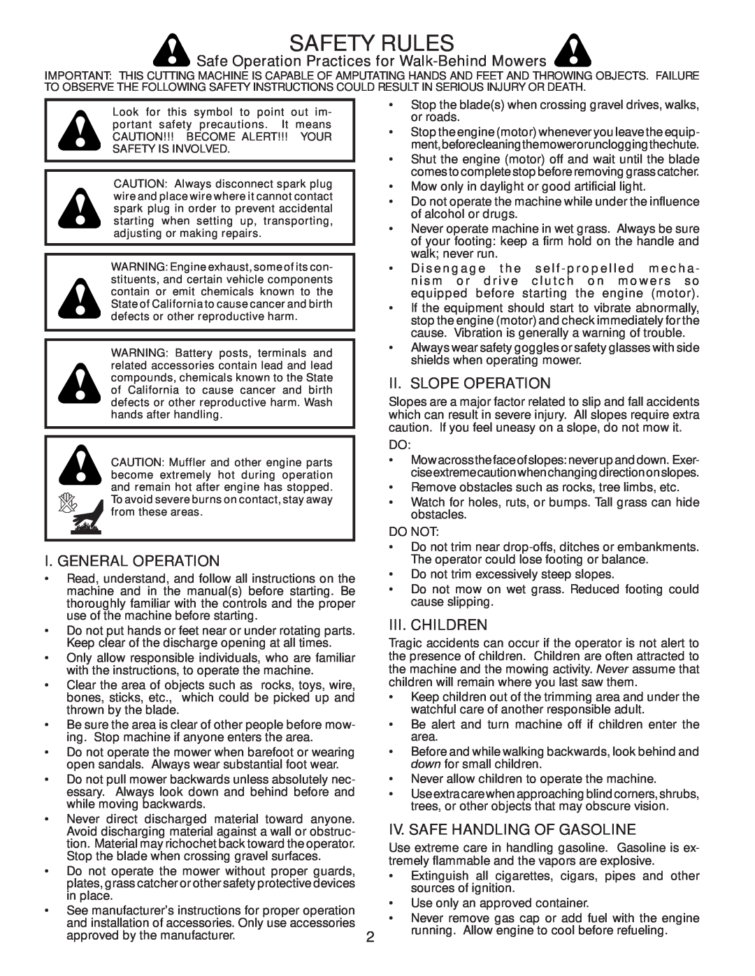 Husqvarna 532424695 Safety Rules, Safe Operation Practices for Walk-BehindMowers, Ii. Slope Operation, Iii. Children 