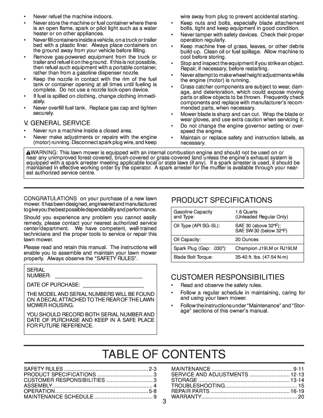 Husqvarna 62522FE Table Of Contents, Product Specifications, Customer Responsibilities, V. General Service, 9-11, 12-13 