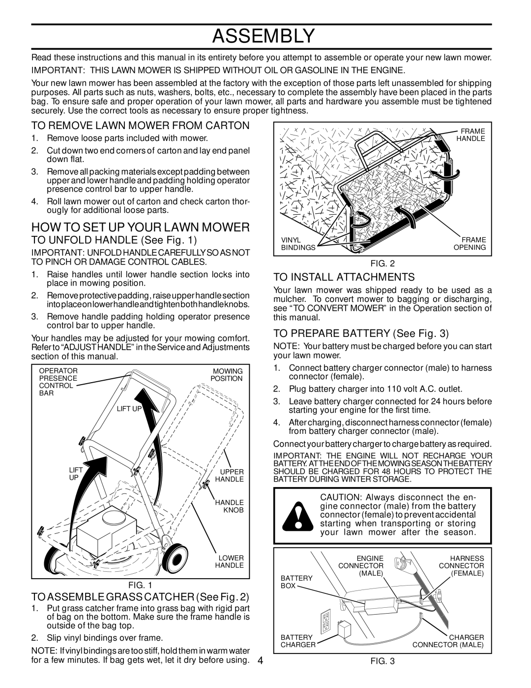 Husqvarna 96143004400 Assembly, To Remove Lawn Mower From Carton, TO UNFOLD HANDLE See Fig, To Install Attachments 
