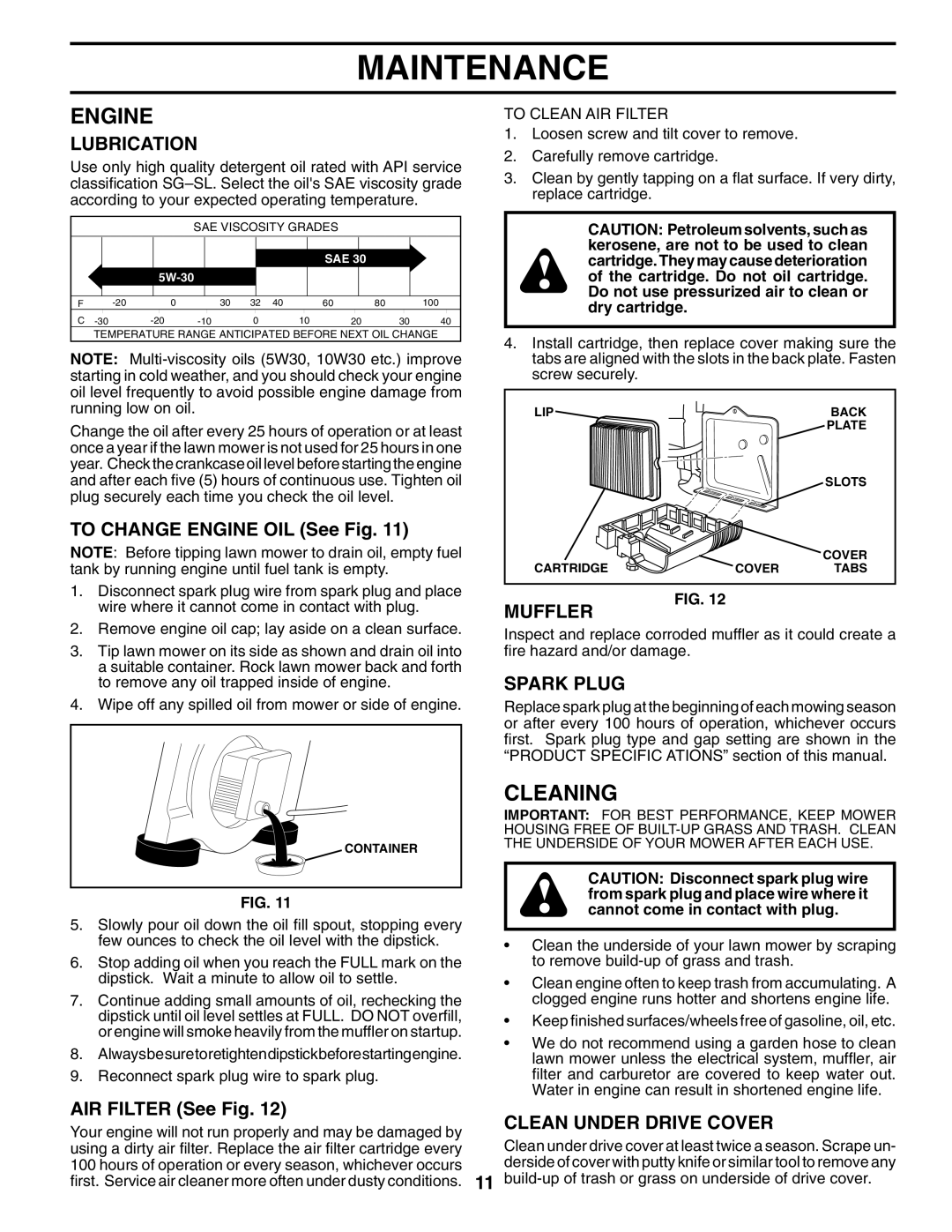 Husqvarna 62522SH owner manual Engine, Cleaning, Muffler, Spark Plug, Clean Under Drive Cover 