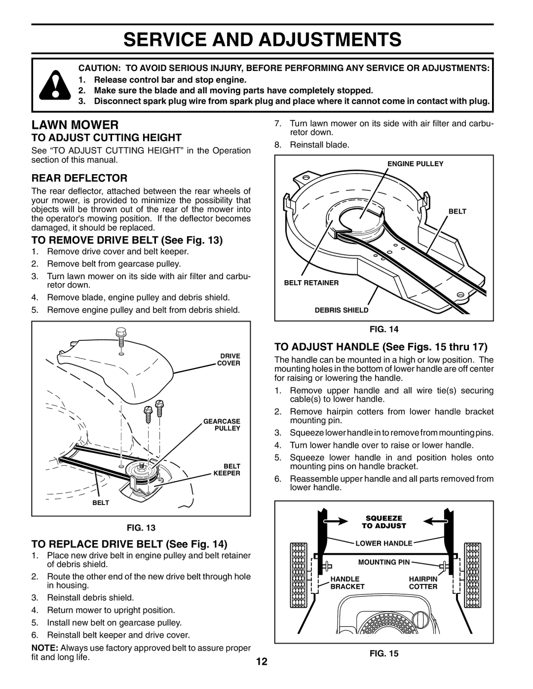 Husqvarna 62522SH owner manual Service and Adjustments, To Adjust Cutting Height, Rear Deflector 