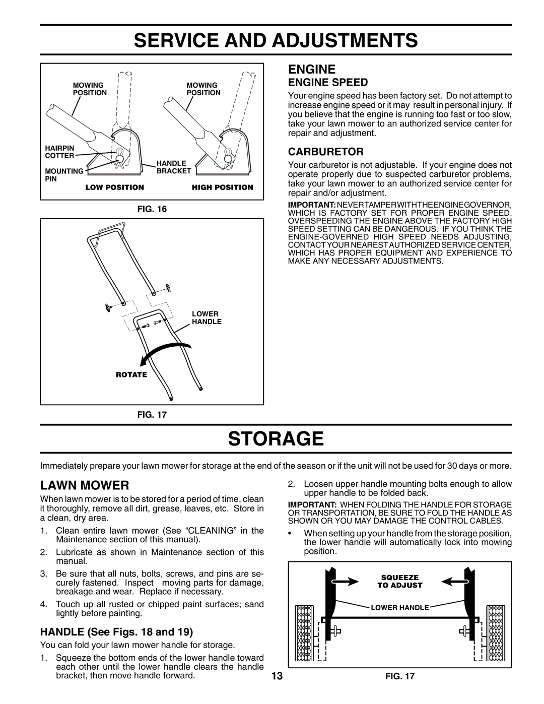 Husqvarna 62522SH owner manual Storage, Carburetor, Handle See Figs 