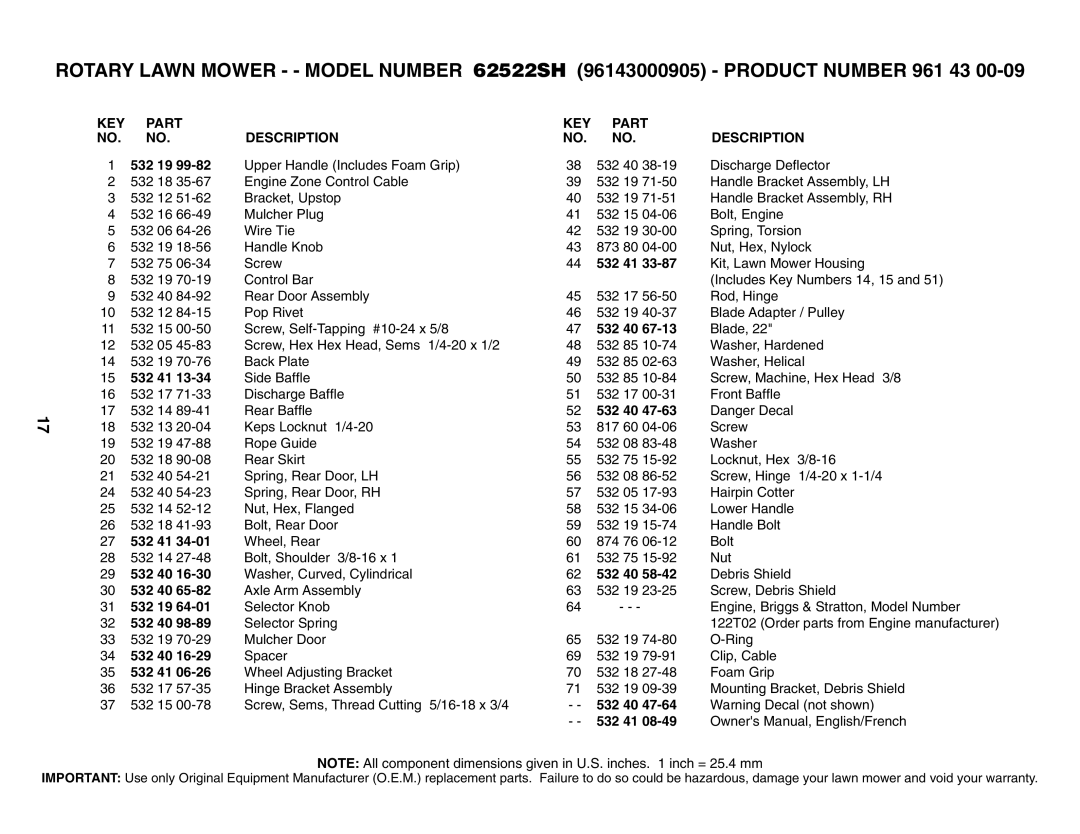 Husqvarna 62522SH owner manual KEY Part Description 