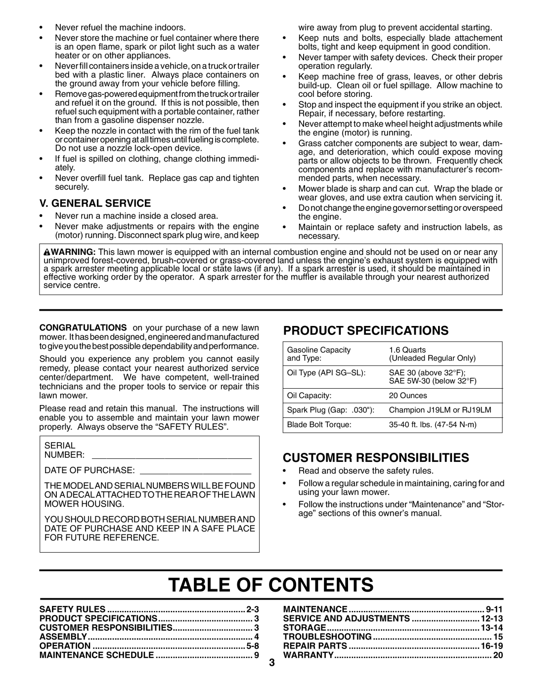 Husqvarna 62522SH owner manual Table of Contents 