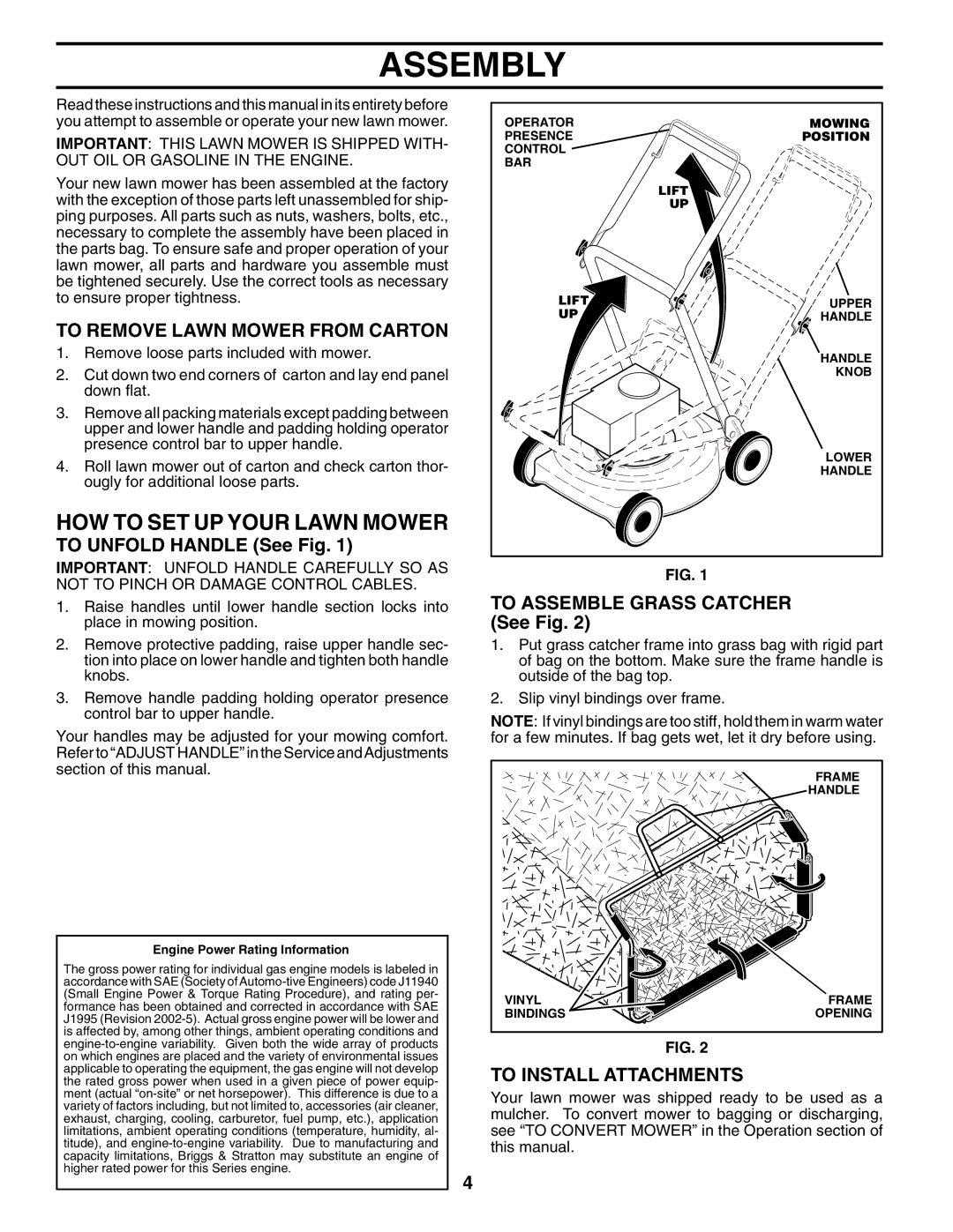 Husqvarna 62522SH Assembly, HOW to SET UP Your Lawn Mower, To Remove Lawn Mower from Carton, To Install Attachments 