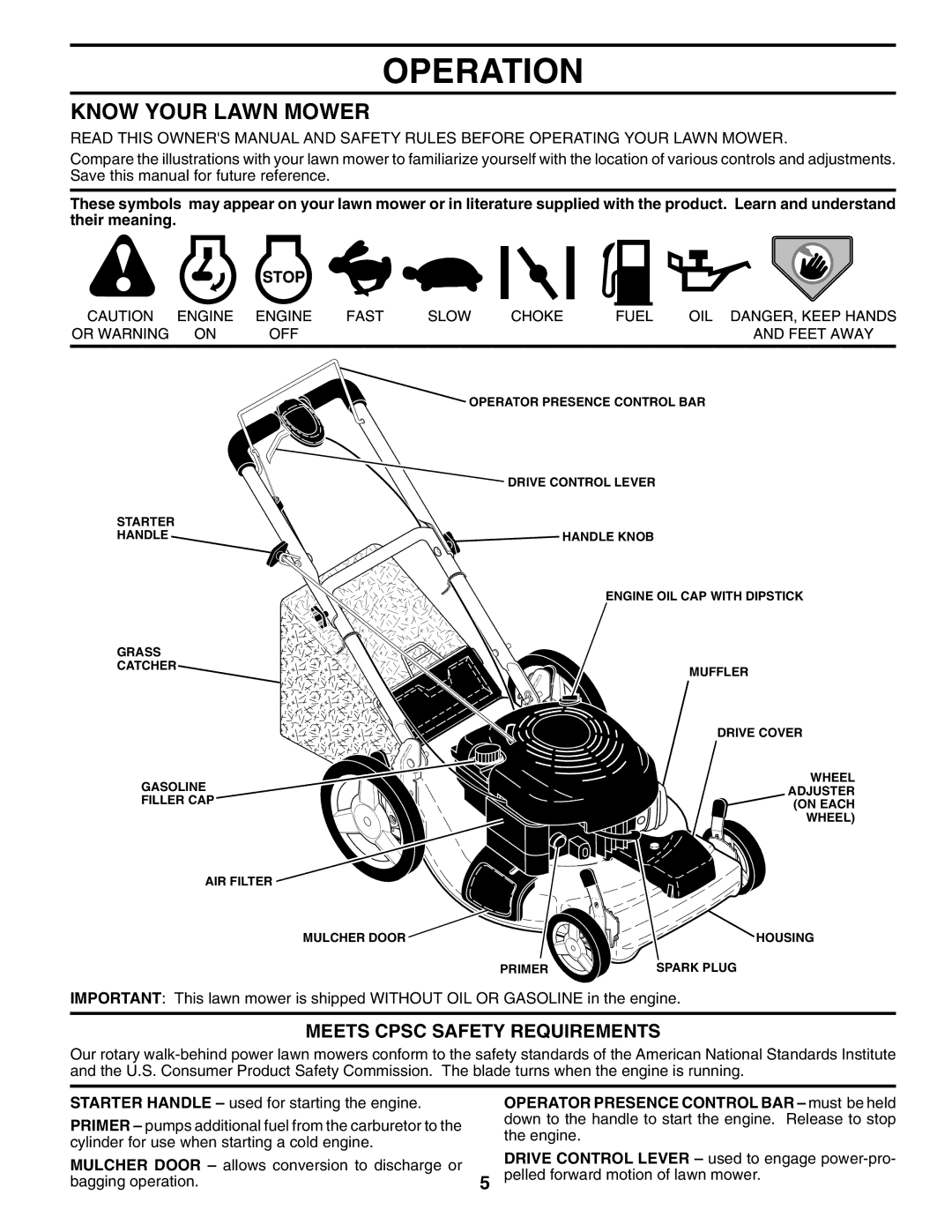 Husqvarna 62522SH owner manual Operation, Know Your Lawn Mower, Meets Cpsc Safety Requirements 