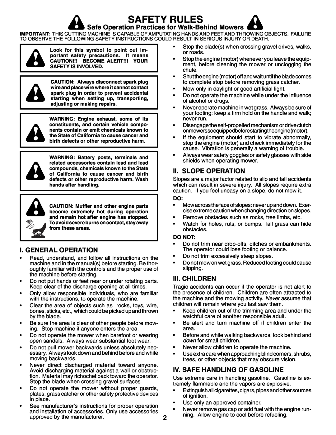 Husqvarna 62522SH Safety Rules, Safe Operation Practices for Walk-BehindMowers, Ii. Slope Operation, I. General Operation 
