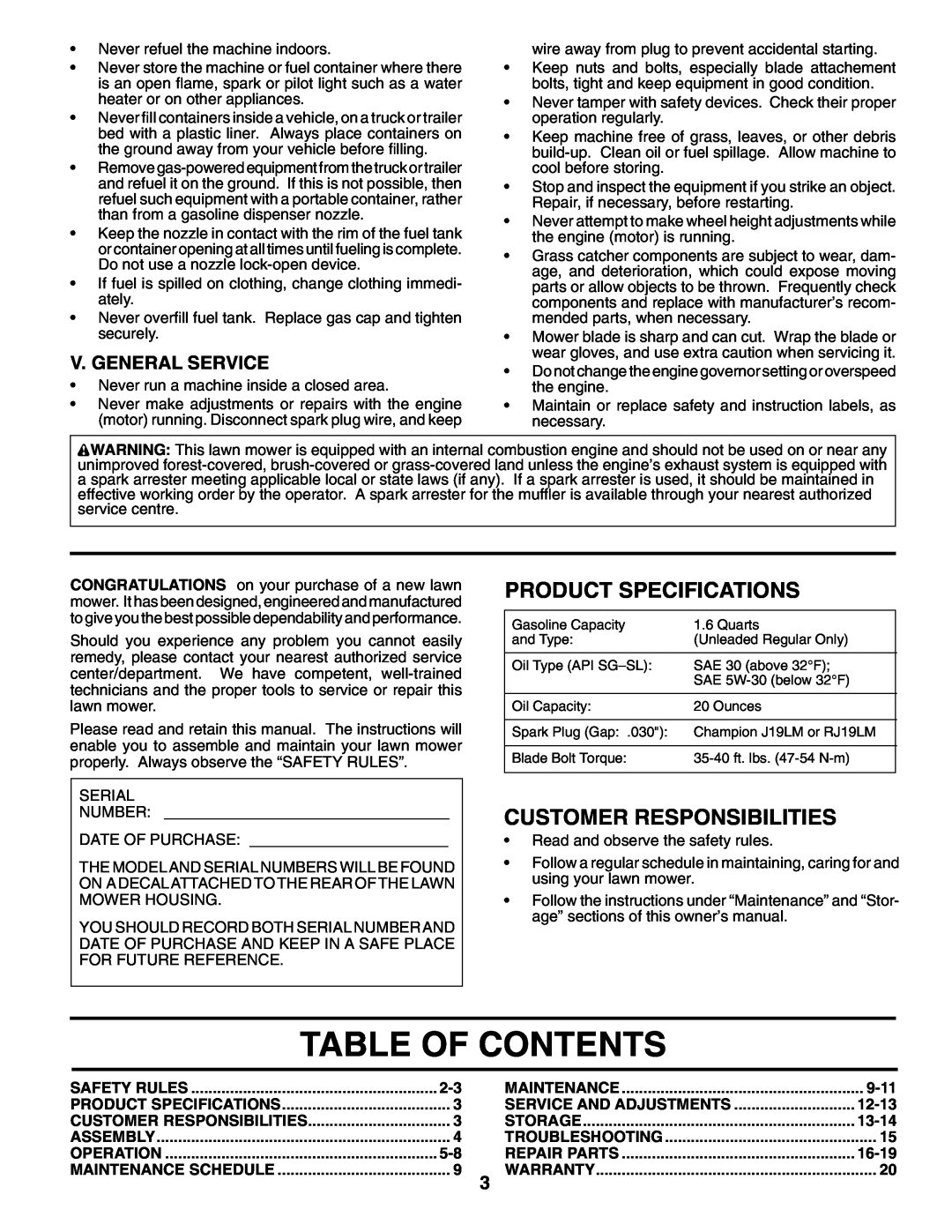 Husqvarna 62522SH Table Of Contents, Product Specifications, Customer Responsibilities, V. General Service, 9-11, 12-13 