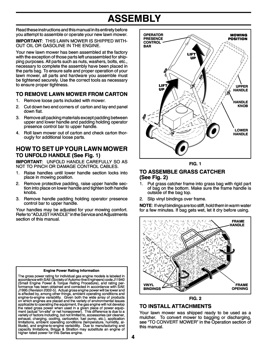 Husqvarna 62522SH Assembly, How To Set Up Your Lawn Mower, To Remove Lawn Mower From Carton, TO UNFOLD HANDLE See Fig 