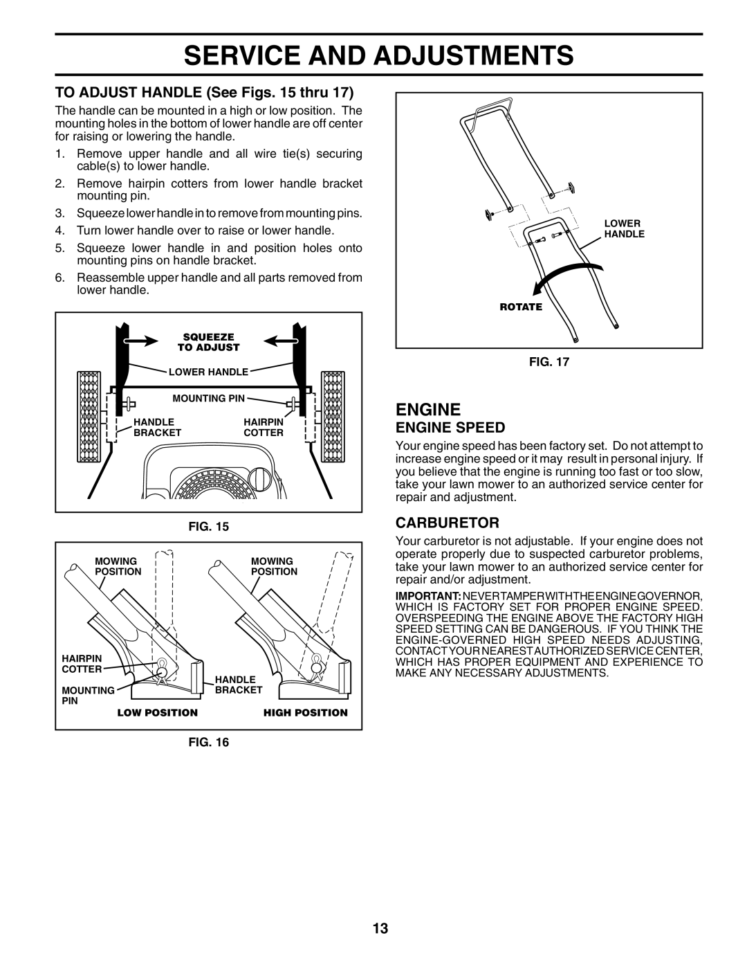 Husqvarna 65021CHV owner manual To Adjust Handle See Figs thru, Carburetor 