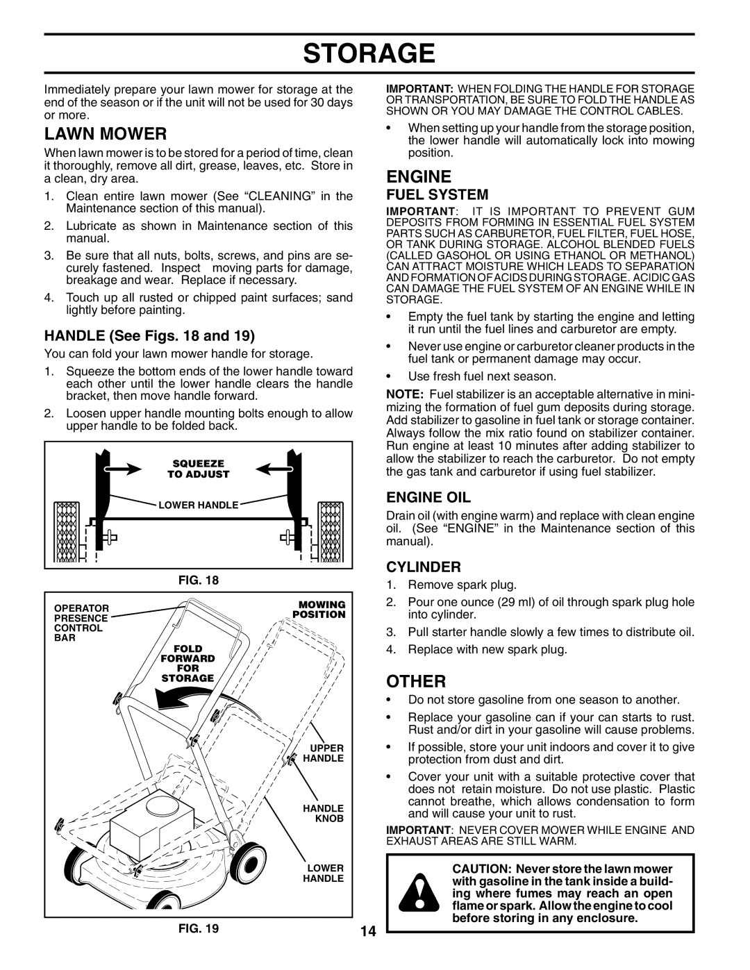 Husqvarna 65021CHV owner manual Storage, Other, Fuel System, Engine OIL, Cylinder 