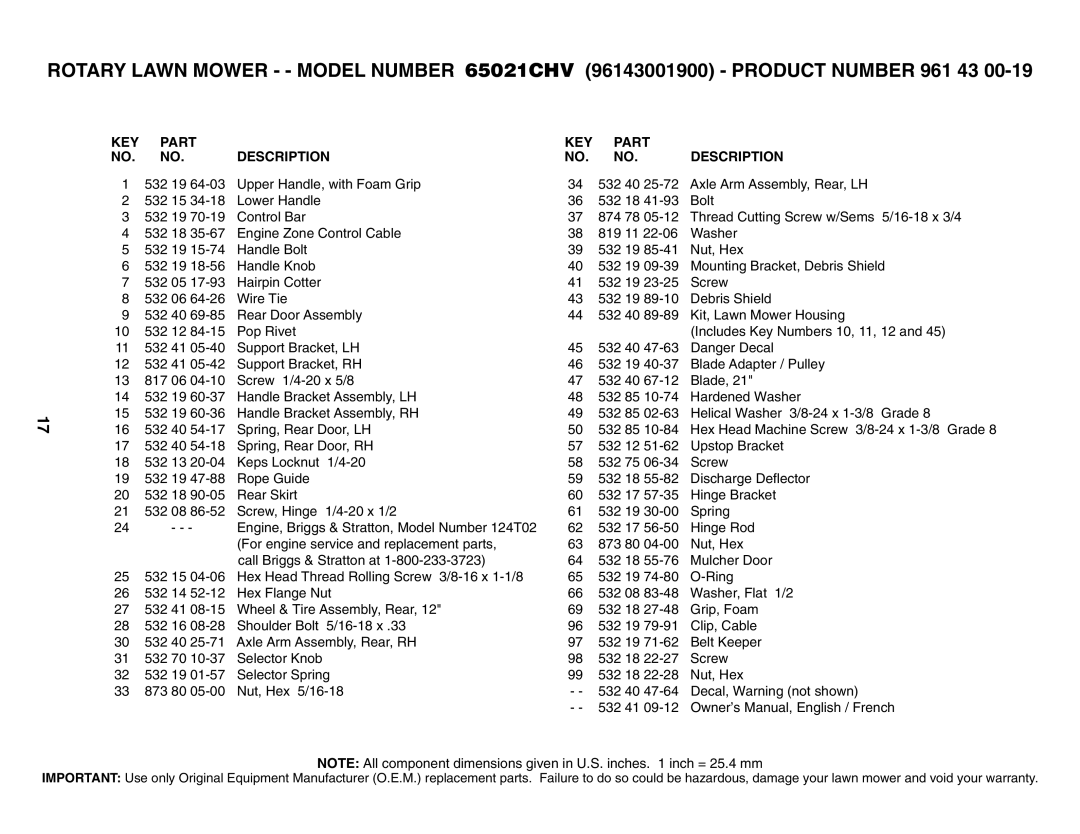 Husqvarna 65021CHV owner manual KEY Part Description 