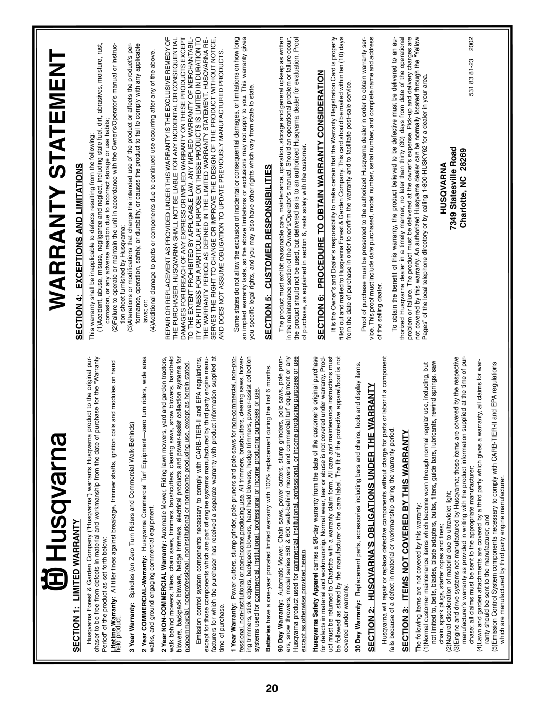 Husqvarna 65021CHV owner manual Statementwarranty 