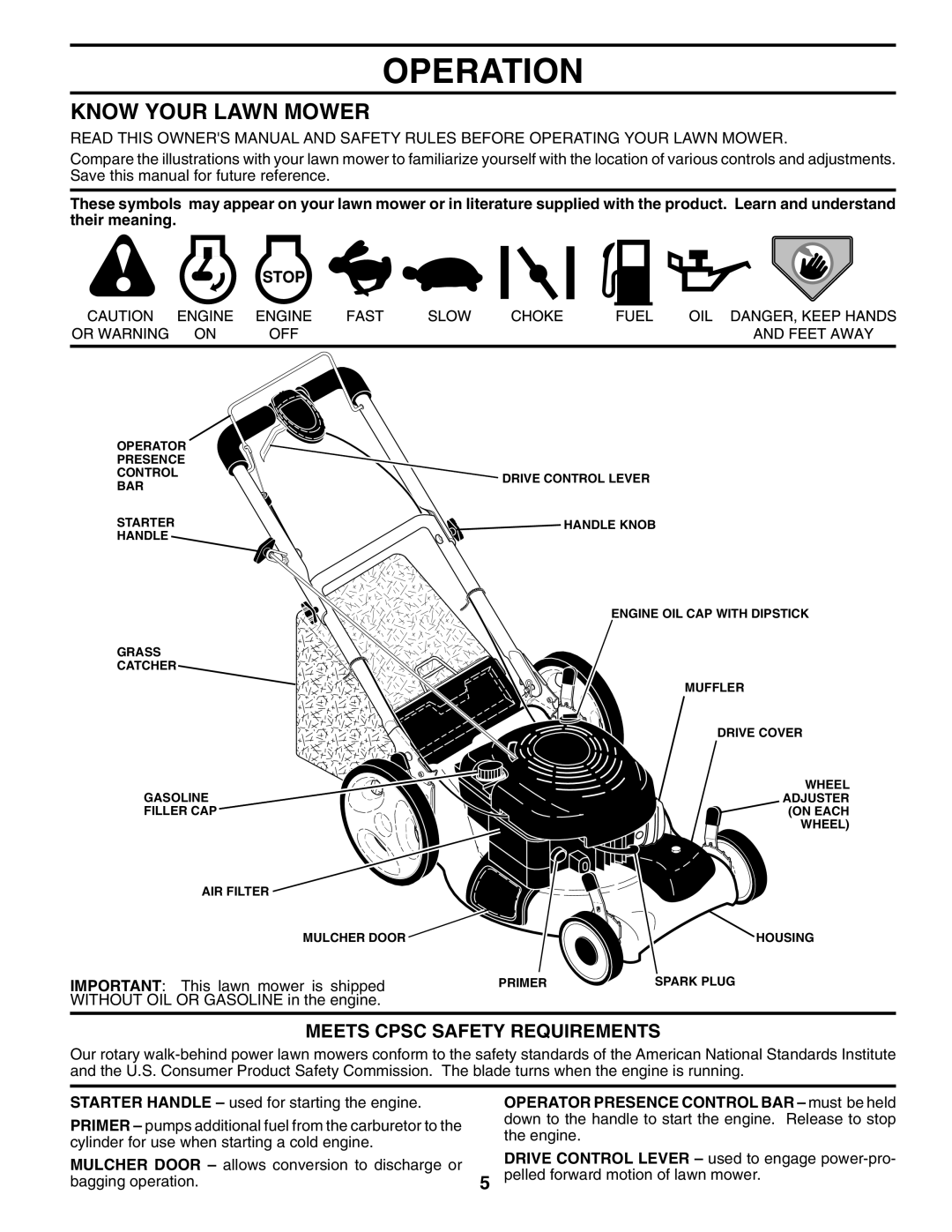 Husqvarna 65021CHV owner manual Operation, Know Your Lawn Mower, Meets Cpsc Safety Requirements 