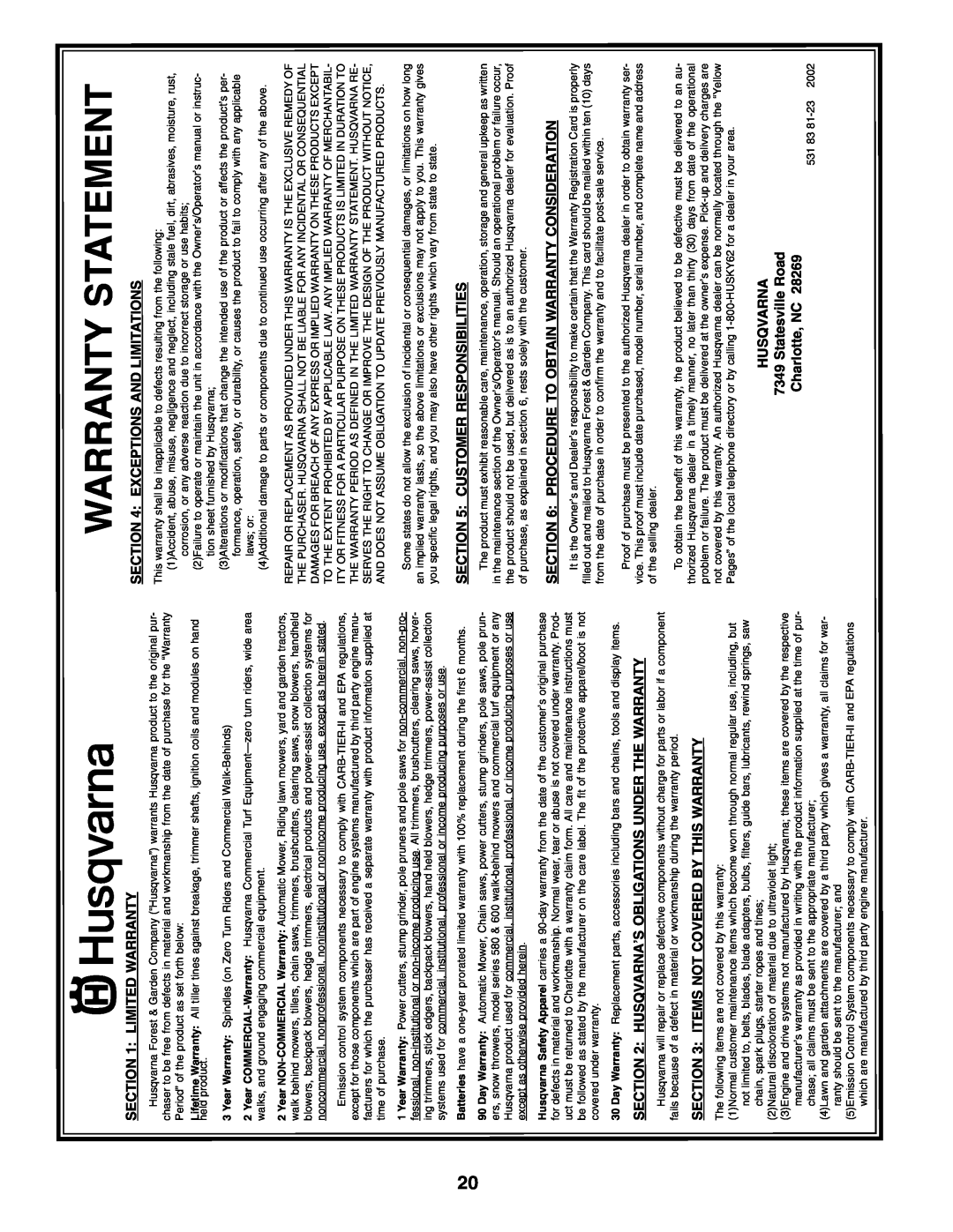 Husqvarna 65021CHV owner manual Statementwarranty, 2002, Anr Avsq Uh, SON IMITAT ILD NA SON TIPE EXC4 ONITC ES 