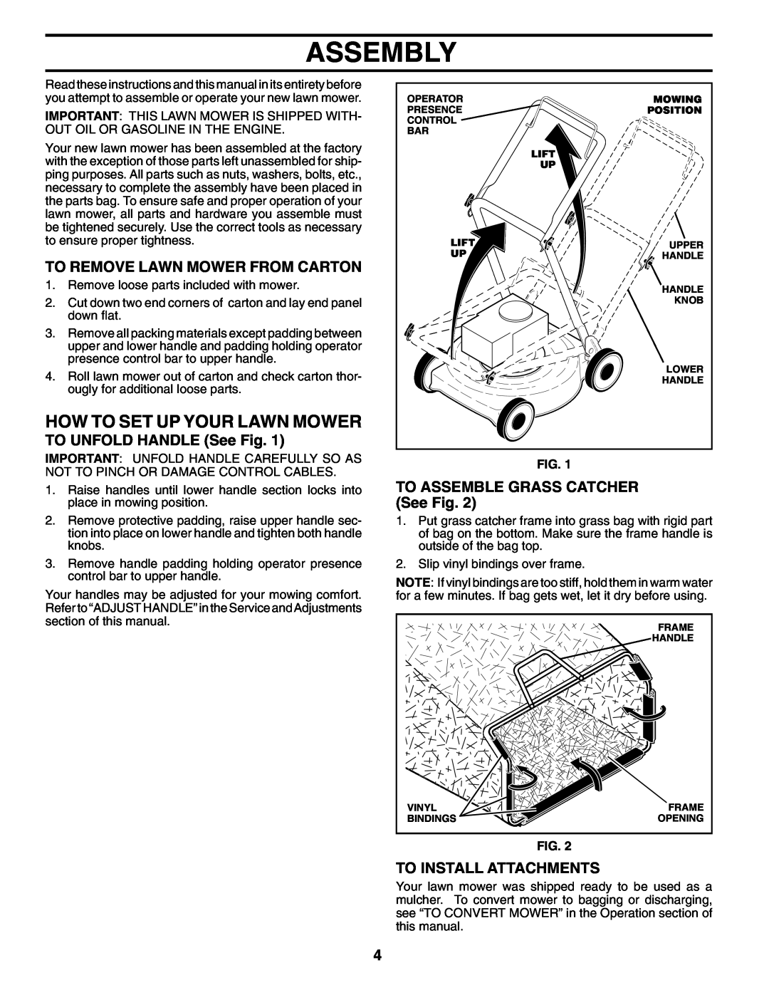 Husqvarna 65021CHV Assembly, How To Set Up Your Lawn Mower, To Remove Lawn Mower From Carton, TO UNFOLD HANDLE See Fig 