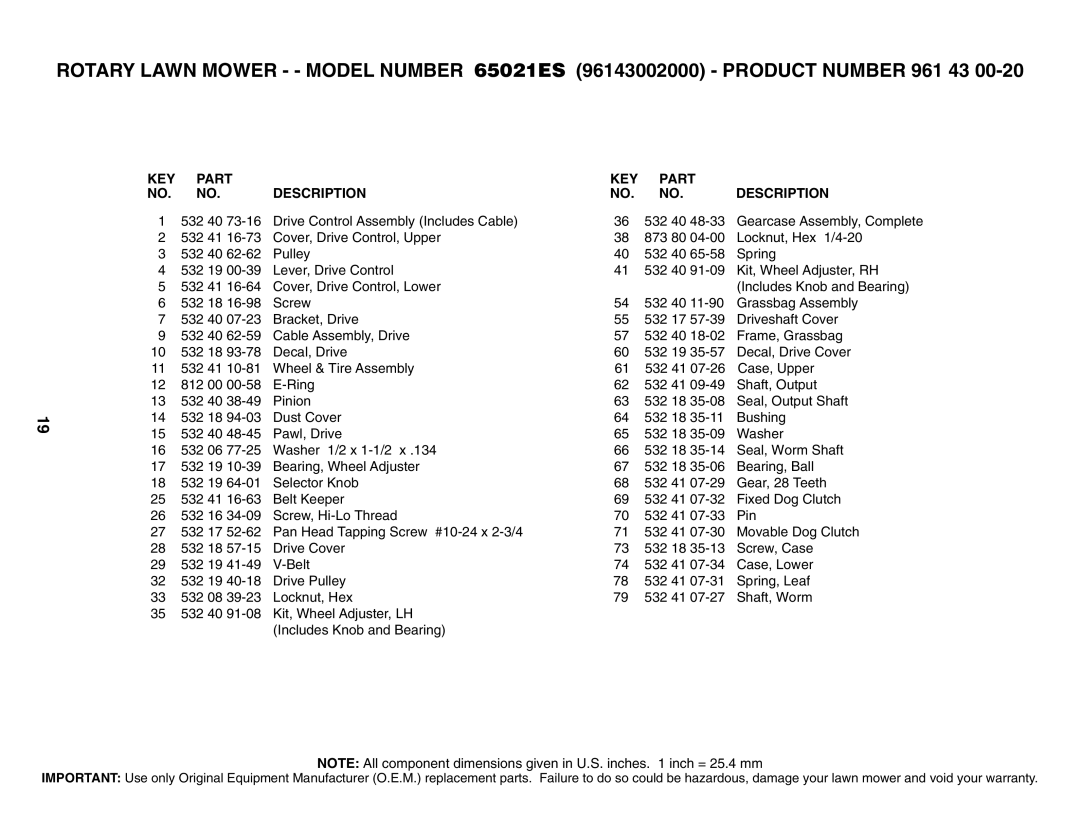 Husqvarna 65021ES owner manual KEY Part Description 