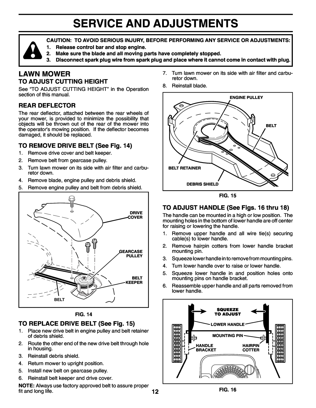 Husqvarna 65021ES Service And Adjustments, To Adjust Cutting Height, Rear Deflector, TO REMOVE DRIVE BELT See Fig 