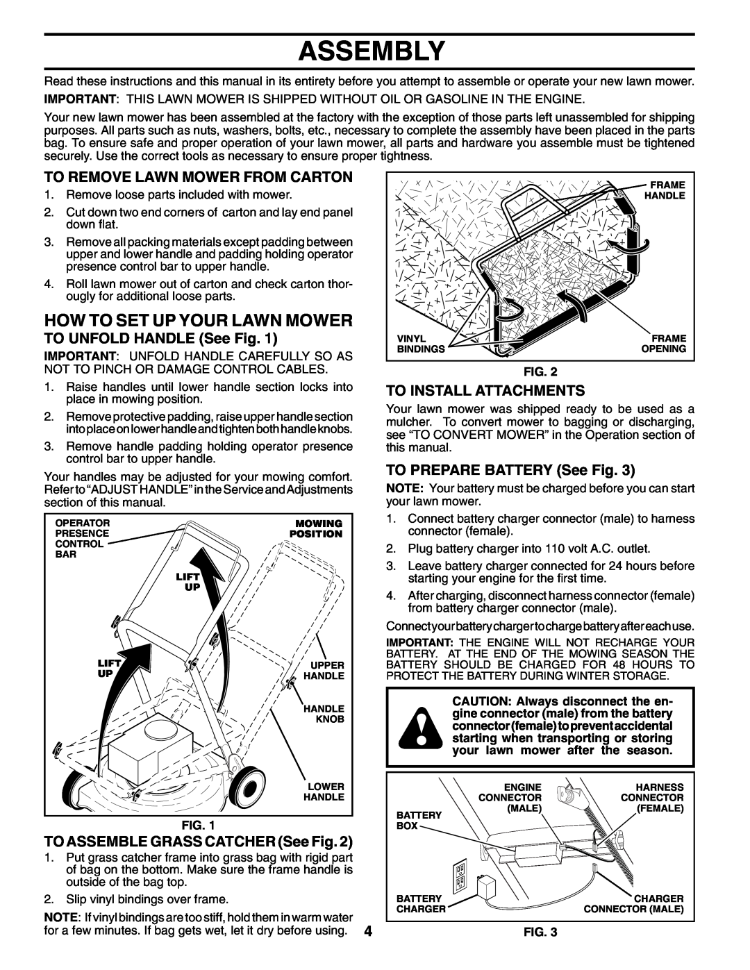 Husqvarna 65021ES Assembly, How To Set Up Your Lawn Mower, To Remove Lawn Mower From Carton, TO UNFOLD HANDLE See Fig 