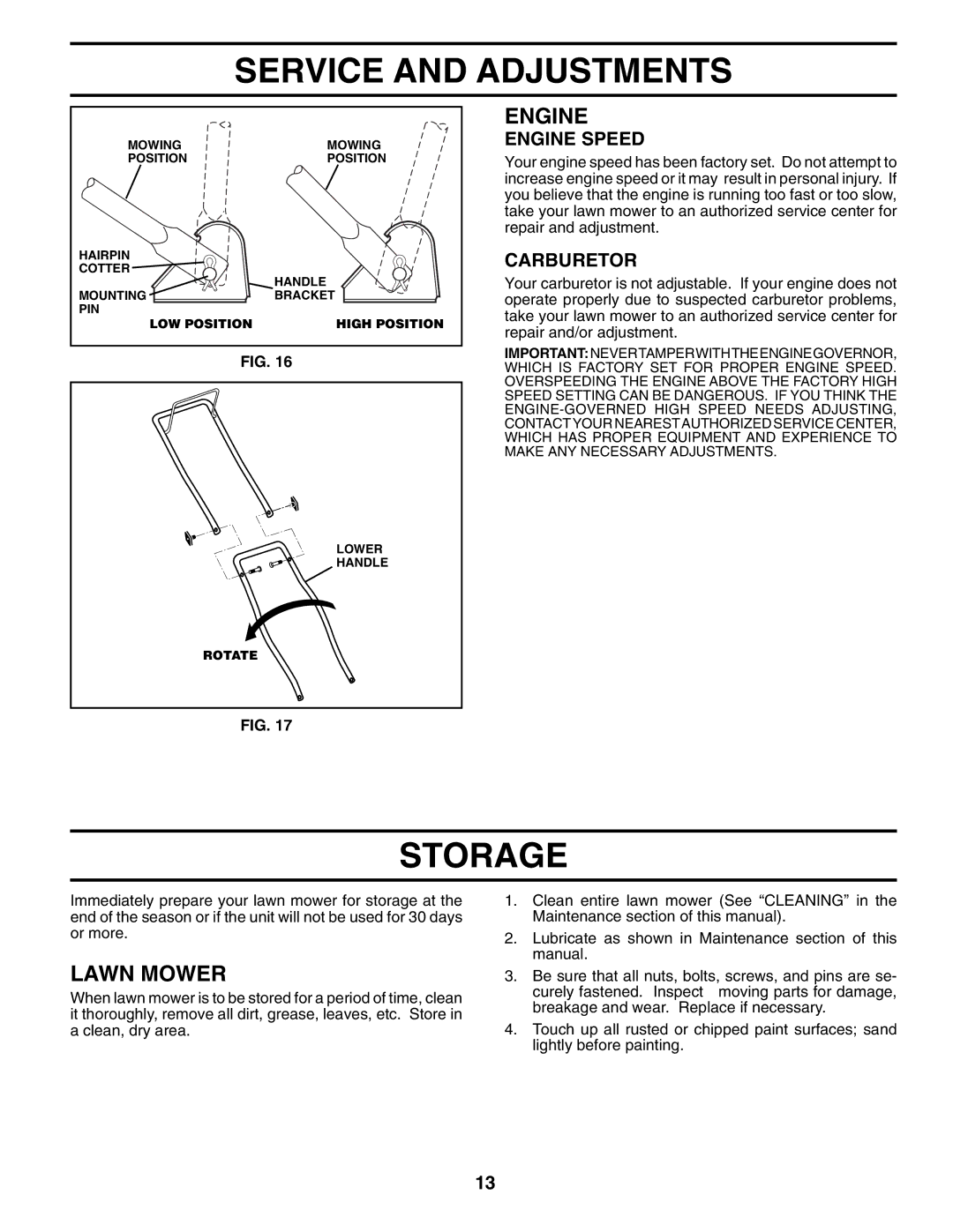 Husqvarna 65022ES owner manual Storage, Carburetor 