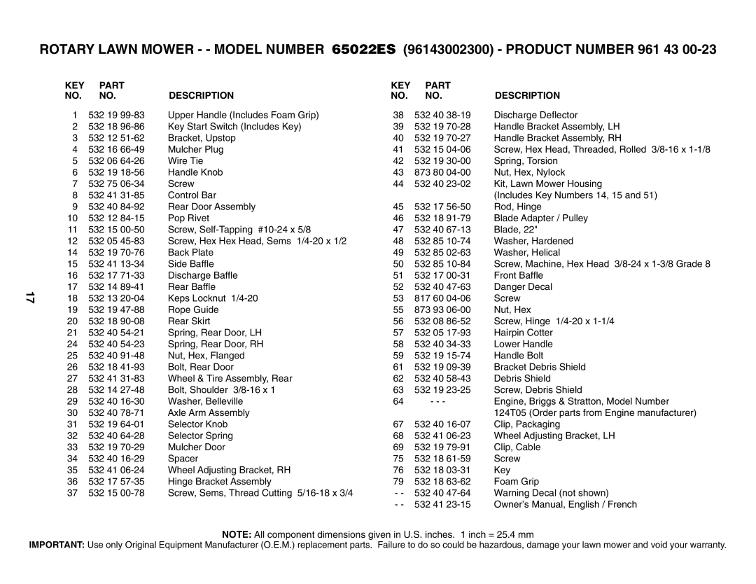 Husqvarna 65022ES owner manual KEY Part Description 