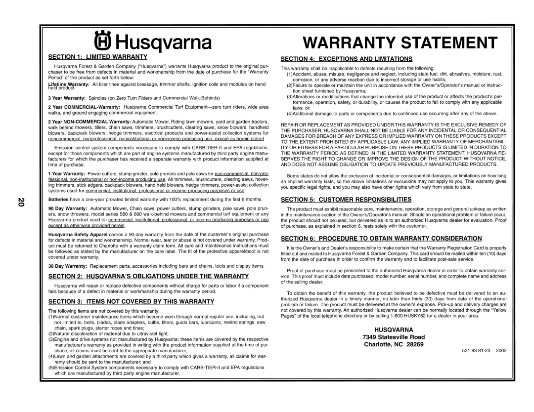 Husqvarna 65022ES owner manual Husqvarna 