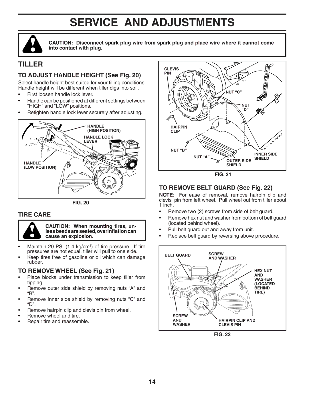 Husqvarna 650CRT owner manual Service and Adjustments, Tiller, Tire Care 