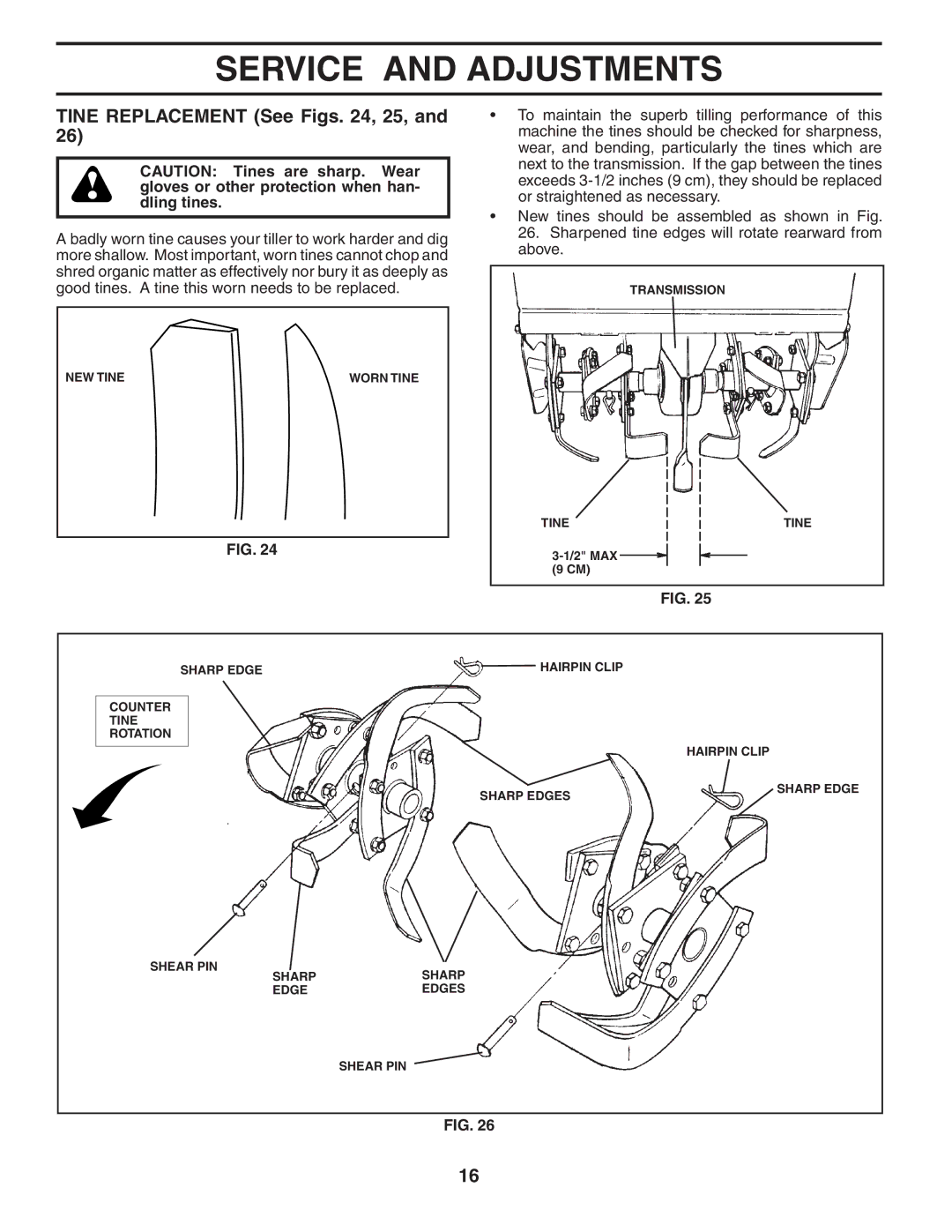 Husqvarna 650CRT owner manual Tine Replacement See Figs , 25 