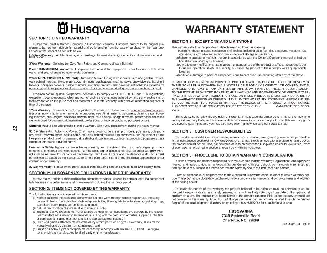 Husqvarna 650CRT owner manual Warranty Statement 