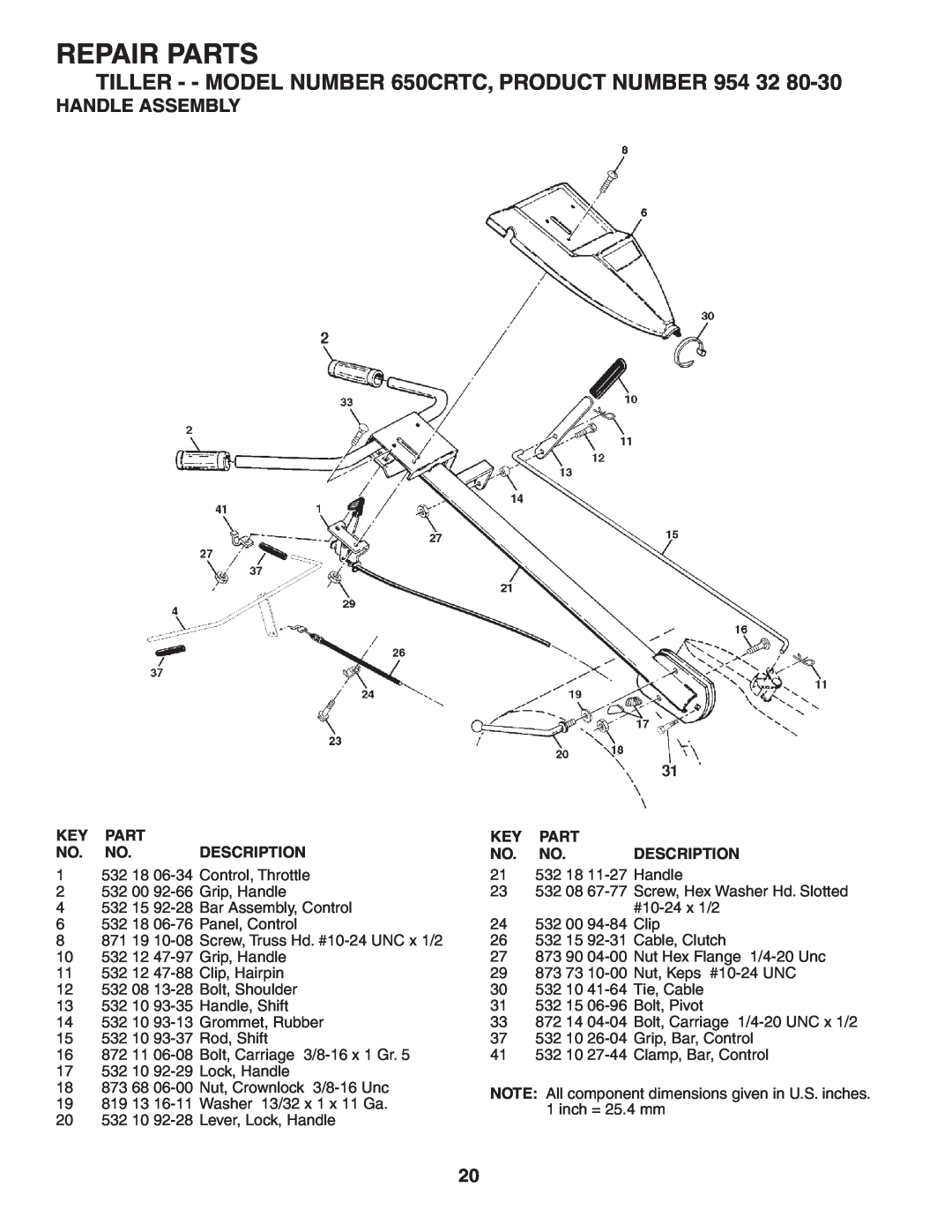 Husqvarna 650CRT owner manual Repair Parts, Handle Assembly, Key Part No. No. Description 