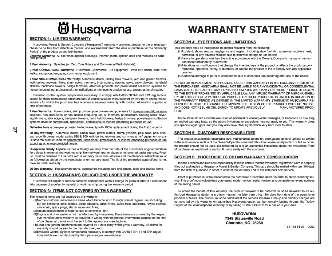 Husqvarna 650CRT Warranty Statement, Limited Warranty, Items Not Covered By This Warranty, Exceptions And Limitations 