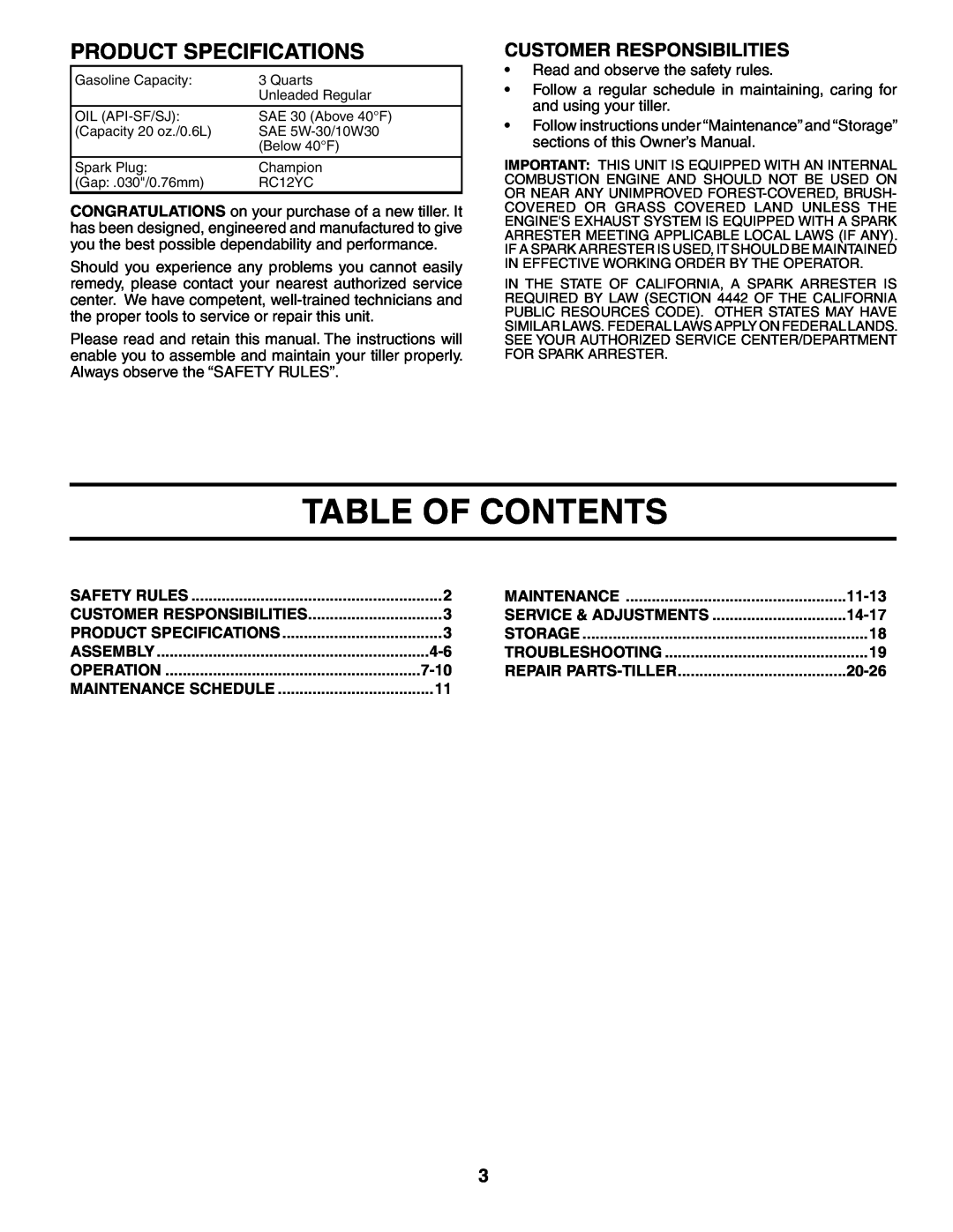 Husqvarna 650CRT Table Of Contents, Product Specifications, Customer Responsibilities, 7-10, 11-13, 14-17, 20-26 